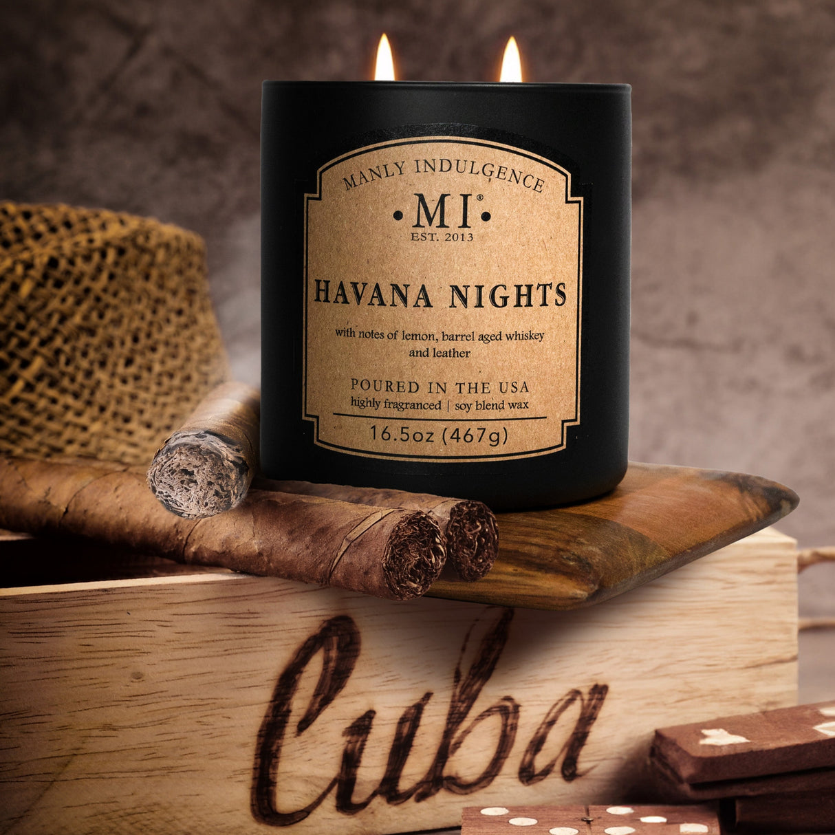 an image of the candle classic Plus Havana Nights set on a wooden crate titled Cuba