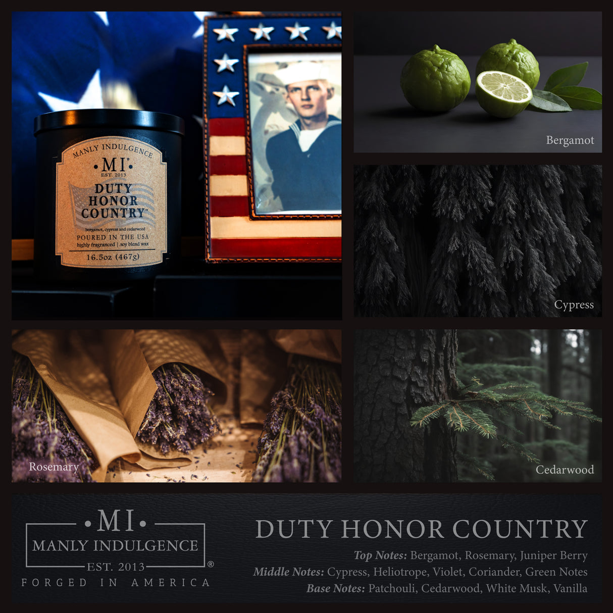 image of various ingredients as part of fragrance notes in the candle Duty honor country
