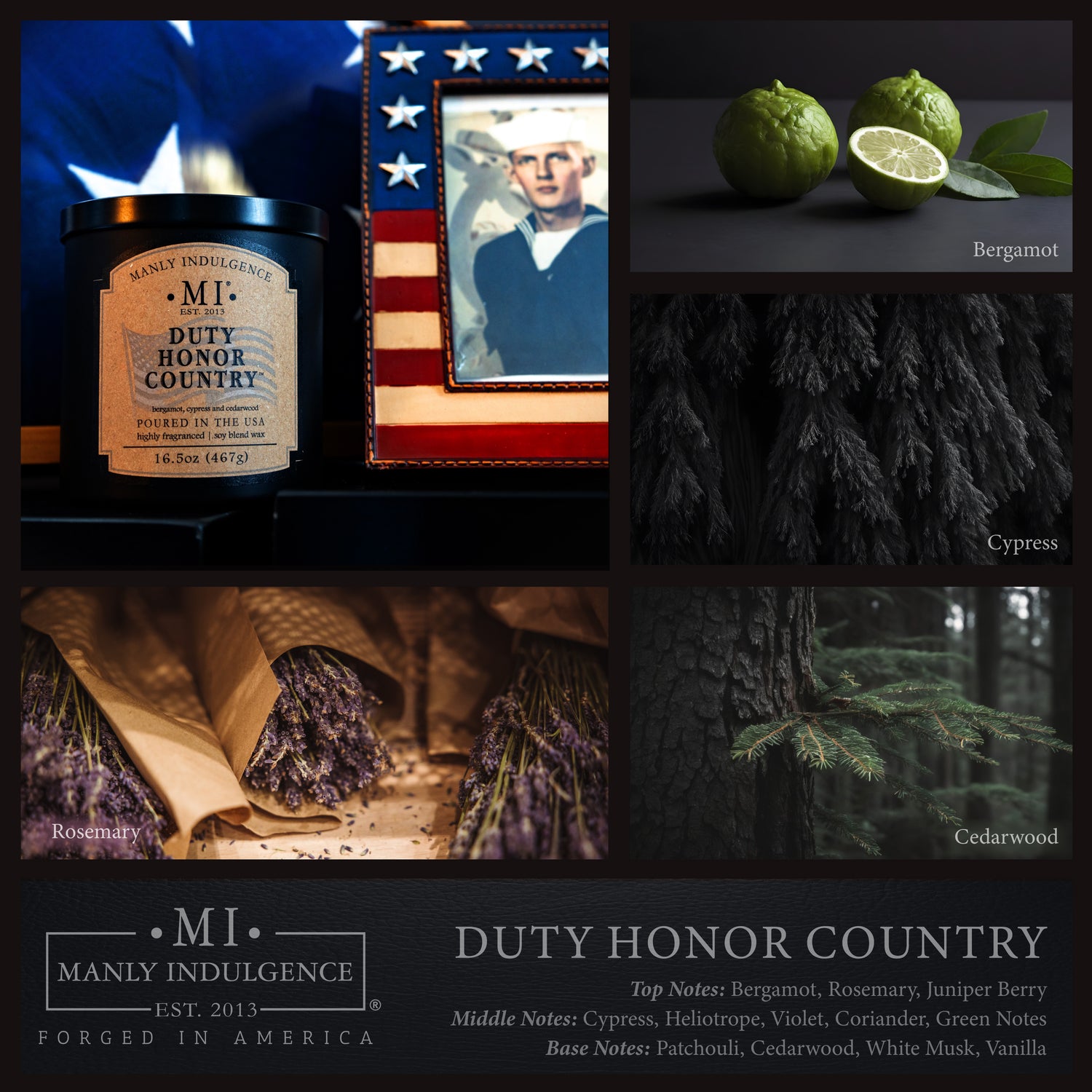 image of various ingredients as part of fragrance notes in the candle Duty honor country