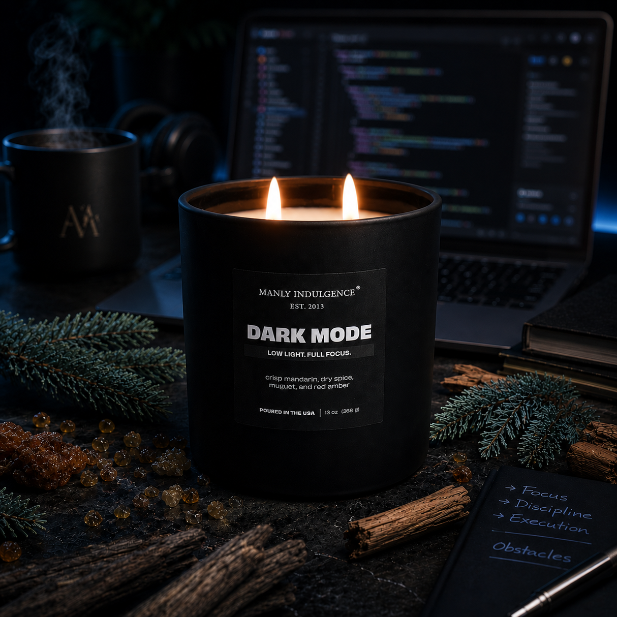 Dark Mode – Warm Amber & Citrus Woods Candle