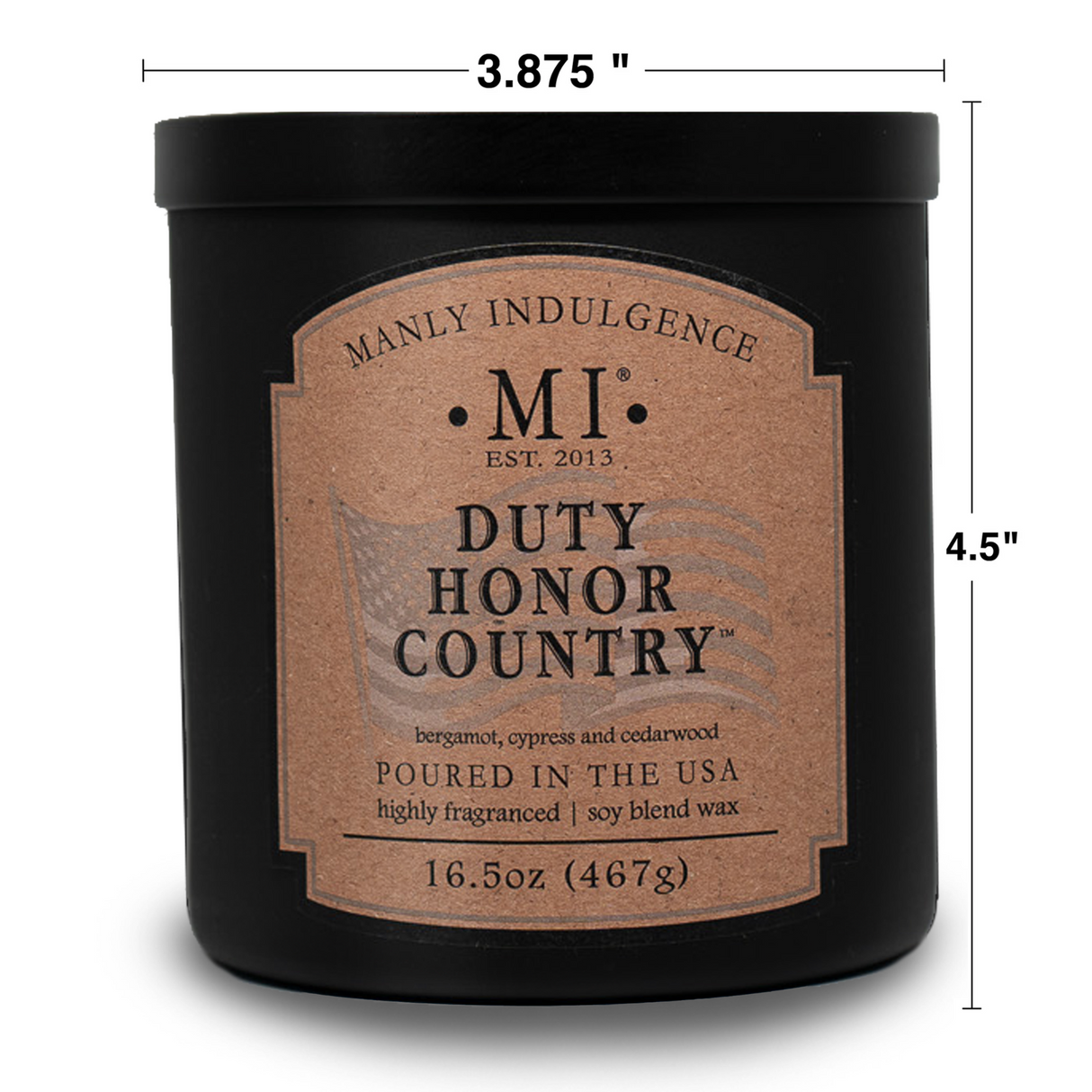 image describing the dimensions of the candle classic plus Duty Honor Country