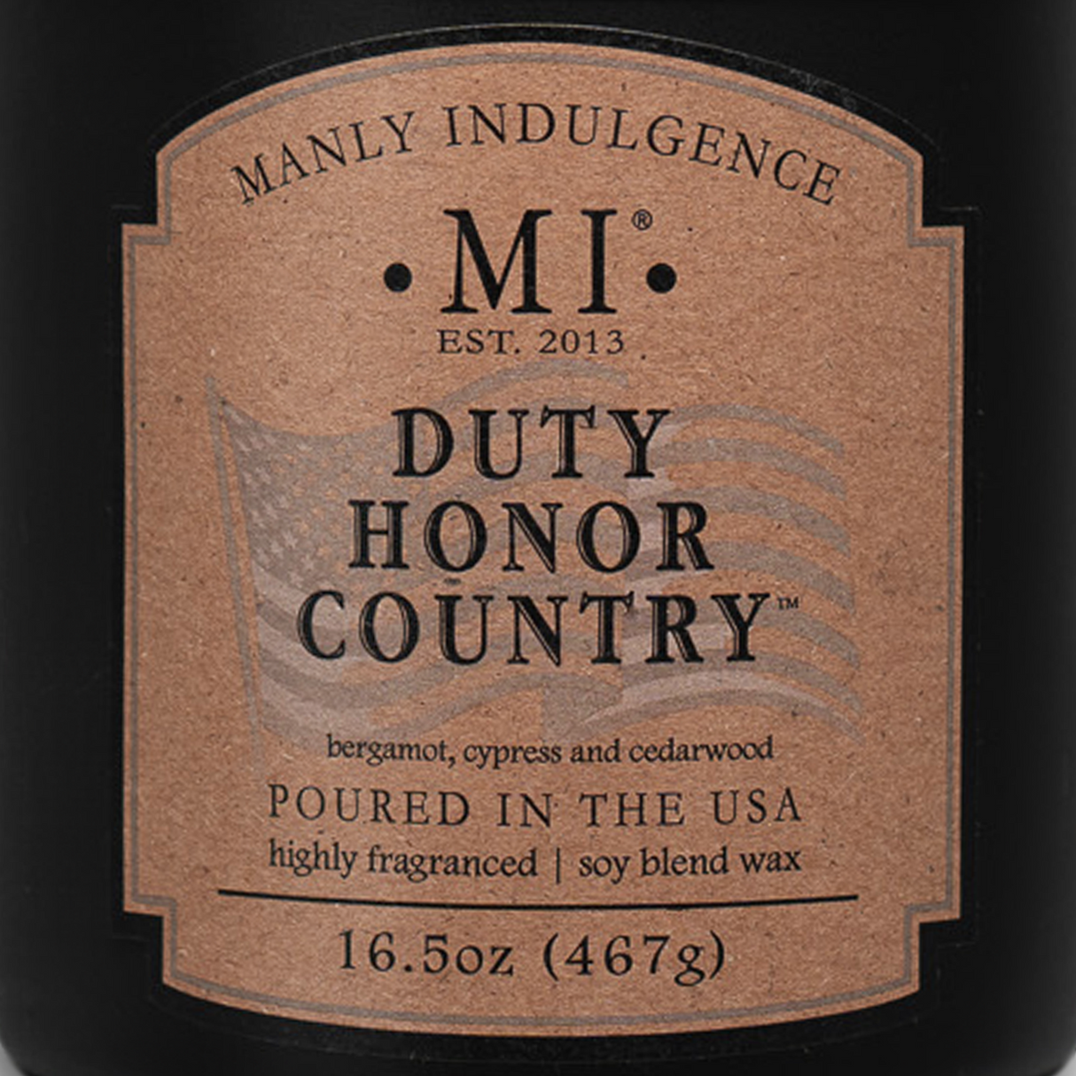 a closeup of the label for the candle classic plus duty honor country