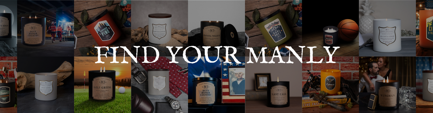 A horizontal banner image of various manly indulgence candles with the title find your manly