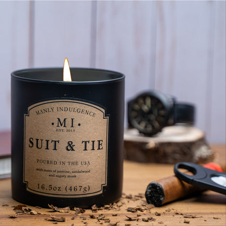 image of the product classic Suit & Tie placed on a wooden Table with a cigar placed by its side and a watch placed in the background