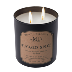 an image of the candle classic plus Rugged Spice  in Lit condition