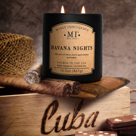 an image of the candle classic Plus Havana Nights set on a wooden crate titled Cuba