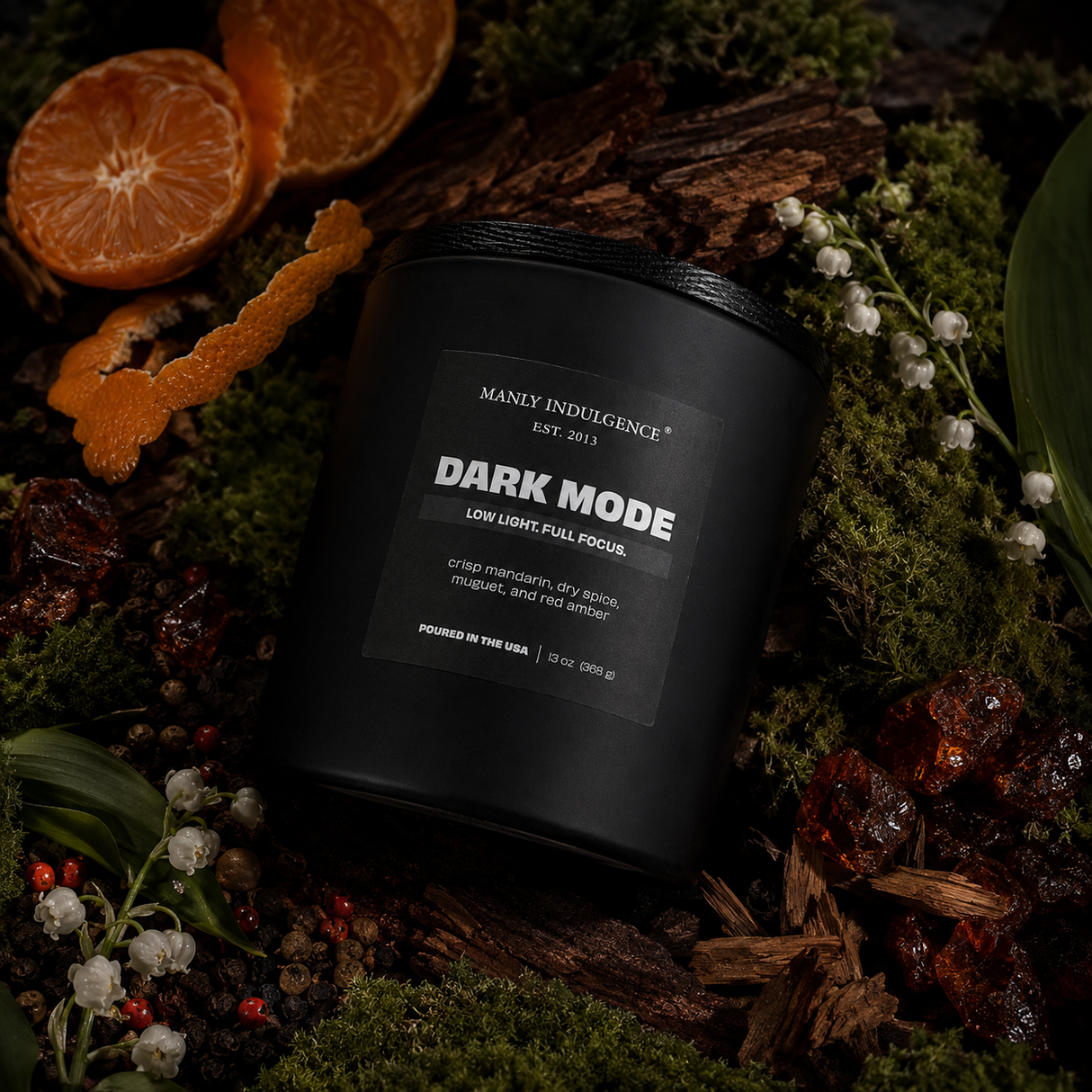 Dark Mode – Warm Amber & Citrus Woods Candle