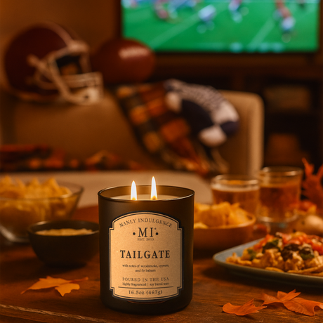 Candle labeled 'Tailgate' on a table with food and sports-themed decor