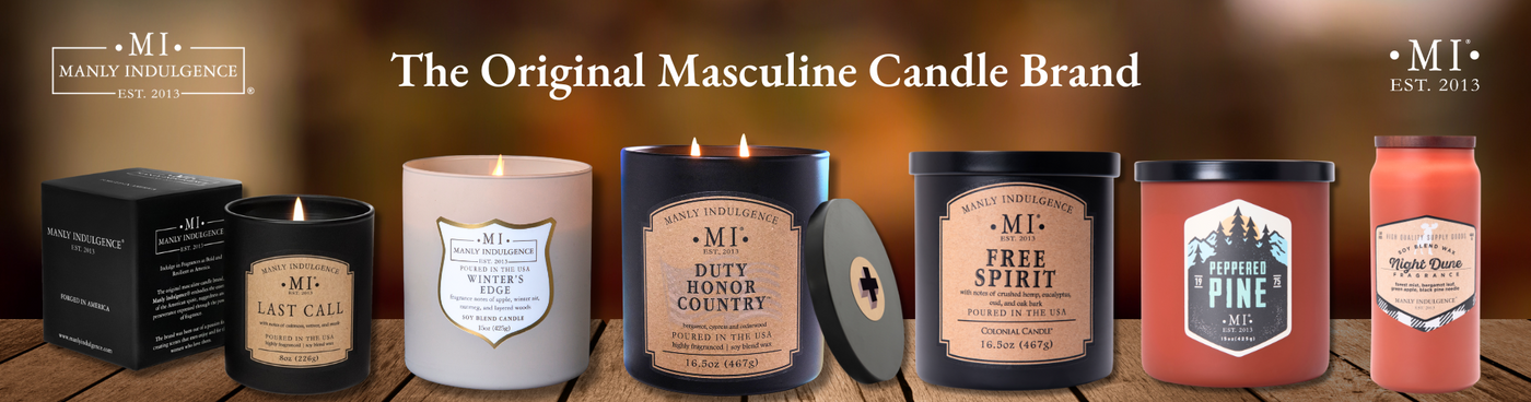 a horizontal banner image of various representative items from their respective product lines placed together on a table with the title "The original Masculine Brand"