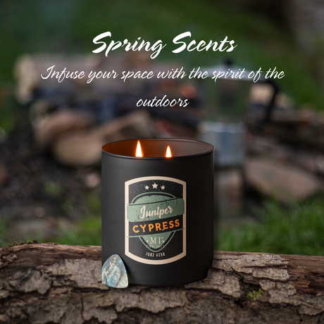 Image featuring the candle All American juniper cypress against a forest background with the title Spring Scents